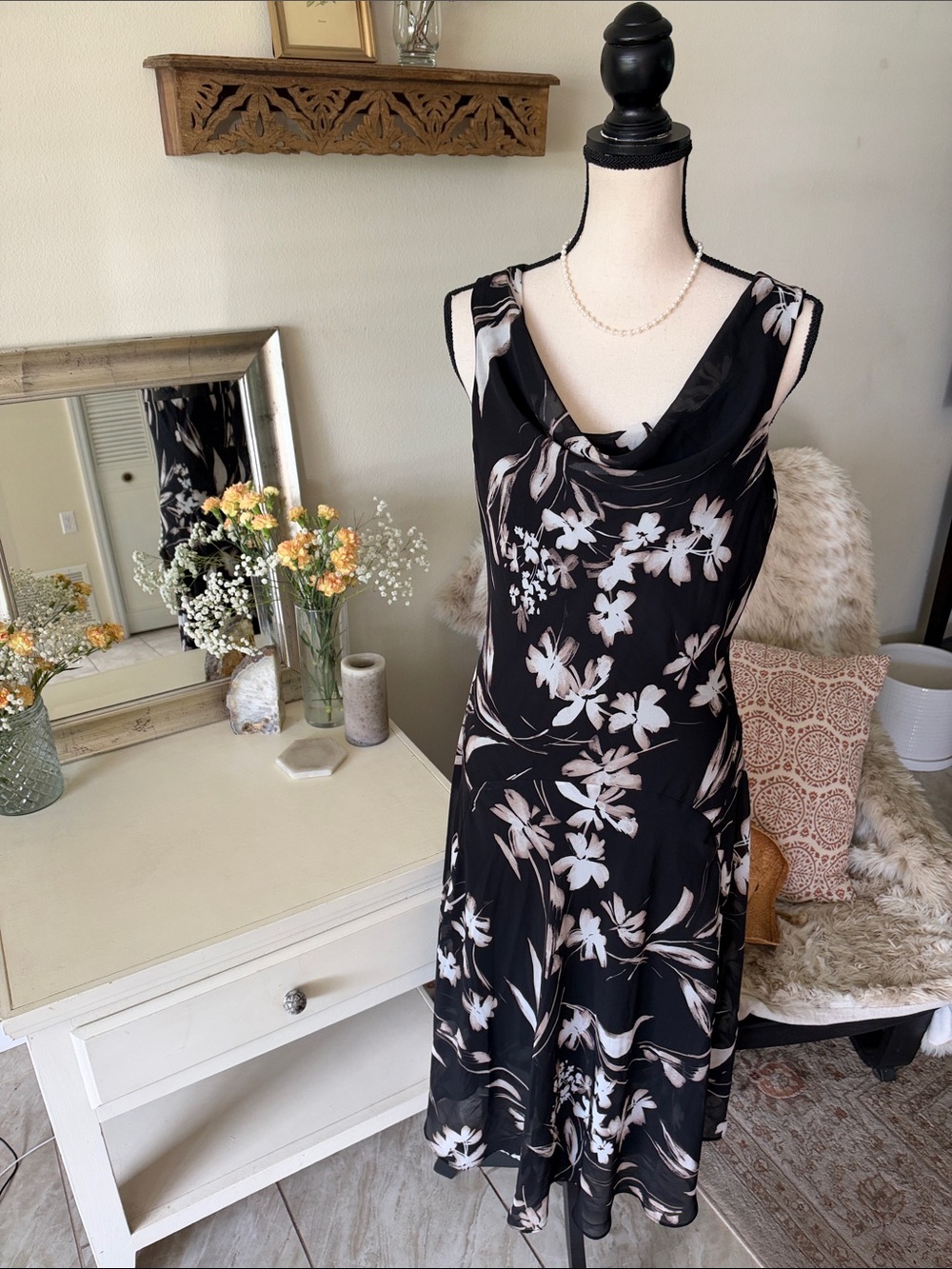 Robbie Bee Vtg Y2K black sheer chiffon cowl neck midi dress 14